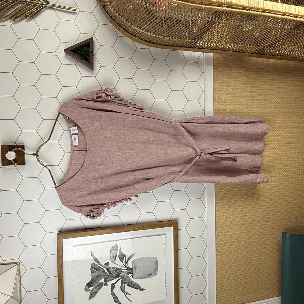 Antibes Blanc Light Pink 100% Linen Tie Waist Fringe Sleeve Dress - Size - Large